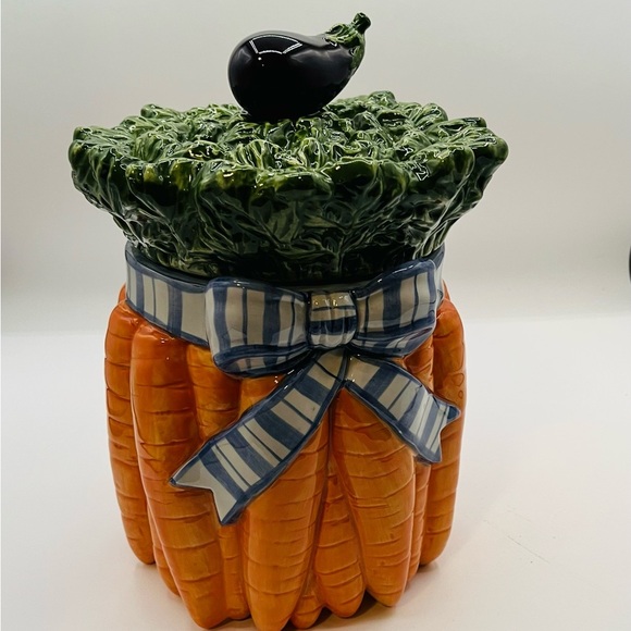 Fitz and Floyd Carrot and Eggplant Cookie Jar - Green, Orange, Blue - Picture 8 of 8